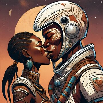 Guerreira tribal beijando astronauta.