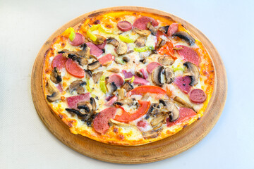 Delicious mixed pizza with rich content. Menu concept of choice and diversity. Pepperoni, Formaggi, Veggie, Karisik pizza