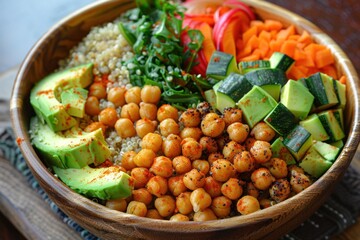 An aerial view of a Buddha bowl filled with quinoa, roasted vegetables, avocado slices, and chickpeas, arranged in colorful sections.