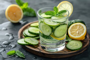 A refreshing glass of cucumber-infused water garnished with mint leaves, placed on a wooden tray alongside sliced cucumbers and lemon wedges. - obrazy, fototapety, plakaty