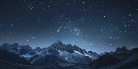 The serene mountain ridge stood still as a shooting star streaked across the clear night sky. - obrazy, fototapety, plakaty
