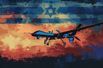 Drones fly over an artistic skyline, overlaying geometric patterns that echo the Israeli flag, portraying a fusion of art and military innovation.