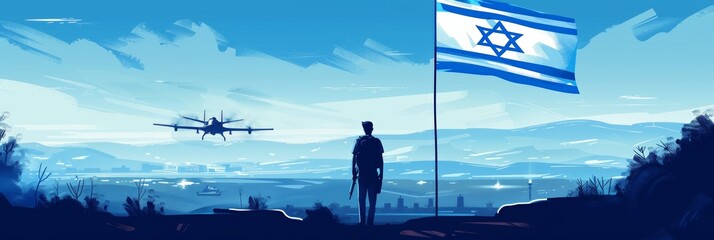 A lone figure stands with the Israeli flag, while a drone patrols the skies above, a blend of vigilance, technology, and national pride. - obrazy, fototapety, plakaty