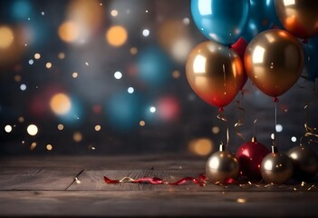 Festive holiday background with red and gold balloons, glowing lights, and a wooden surface