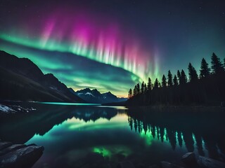 Beautiful landscape of an aurora borealis in the mountains with reflection in a lake