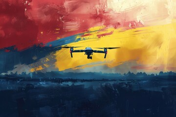 A dramatic frontal perspective of a drone against a dynamically painted sky, ideal for themes of technology and surveillance. - obrazy, fototapety, plakaty