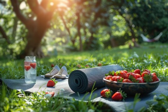 A serene outdoor scene with a yoga mat laid out on green grass, accompanied by a bowl of ripe strawberries and a glass of infused water.