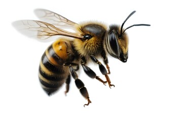 A close-up image of a honey bee with its wings spread, showing its fuzzy body and distinctive black and yellow striped pattern - obrazy, fototapety, plakaty
