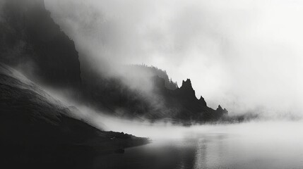 Ethereal fog over a quiet mountain pass, simplifying the landscape into layers of silhouette. - obrazy, fototapety, plakaty