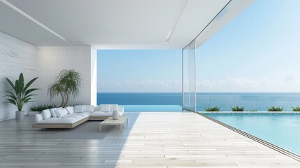 A large open living room with a pool and a view of the ocean. The room is filled with white furniture and a potted plant. Scene is serene and relaxing, as the open space