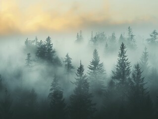 In the tranquil haze of dawn, the forest emerges as a dreamlike realm, its trees cast as haunting silhouettes under the soft morning sky.