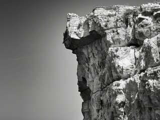 High contrast black and white shot of rugged cliffs against a stark, cloudless sky.
