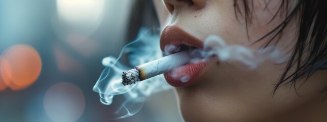 Fototapeta premium Close-up of a young person smoking a cigarette, highlighting the issue of tobacco use among youth.