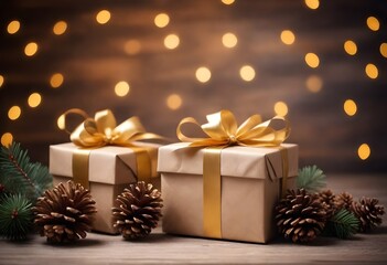 Fototapeta na wymiar Wrapped gift boxes with golden bows and pine cones on a wooden surface, with a blurred background of warm holiday lights