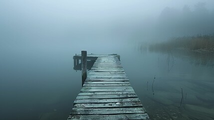 Obraz premium A solitary figure stands at the edge of the lone wooden pier, gazing into the tranquil lake shrouded in misty fog.