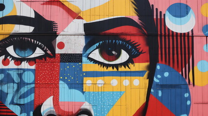 A vibrant mural on an urban wall combines abstract and geometric shapes to form a stylized representation of a human face, emphasizing the eyes - Generative AI