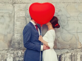 couple dressed in wedding attire kissing behind a red heart balloon.