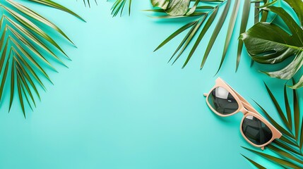 blue summer background concept summer music party with sunglasses and tropical leaves copy space. banner with space for text horizontal