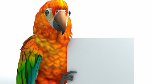 A 3D illustration of a colorful parrot holding a blank sign, ideal for message placement.