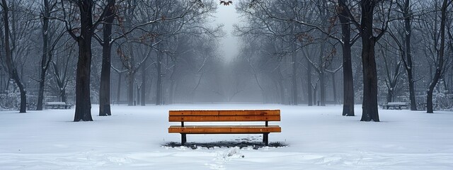 Minimalist urban park in winter, with bare trees and a single bench covered in snow.