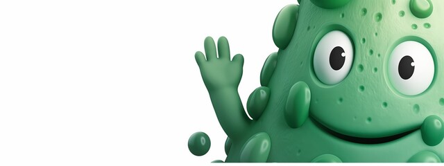 A friendly green cartoon monster waving hello, isolated on a white background.