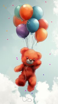 A red teddy bear floating skyward with colorful balloons against a cloudy backdrop.