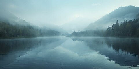 The tranquil scene unfolded as mist danced over the serene lake, embraced by the distant mountain silhouettes. - obrazy, fototapety, plakaty