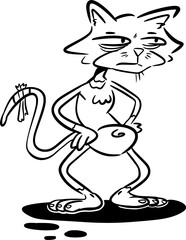 A hand drawn vector doodle art in cartoon style of a cat, A thin cat standing on two paws and with a tired, contemptuous stare, a small shadow under it, silhouette, contour, black and white 