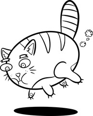 A hand drawn vector doodle art in cartoon style of a striped cat inflated like a balloon and floating in the air, silhouette, contour, black and white, with round shade below
