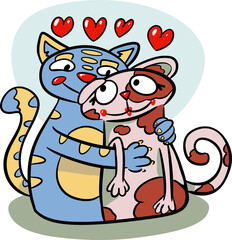 A hand drawn vector doodle art in cartoon style of a pair of cats that have fallen in love and hugging, blue and pink, colourful, with red hearts on top, for Valentine’s Day 