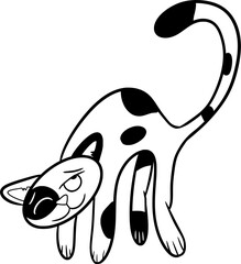 A hand drawn vector doodle art in cartoon style of a black and white cat bending in an arc, contour, silhouette, cute