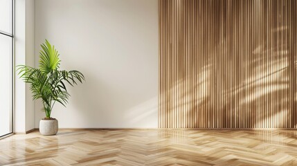 A large empty room with a wooden wall and a potted plant in the corner. The room is very spacious and has a minimalist feel to it