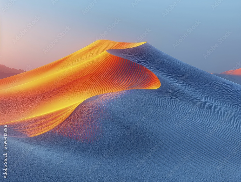 Sticker The rippled sand dunes at sunset cast subtle shadows as light dances gracefully over their curves.