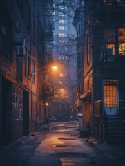 The serene alley bathed in gentle early light, nestled within a sleek cityscape, exudes tranquility and simplicity at daybreak. - obrazy, fototapety, plakaty