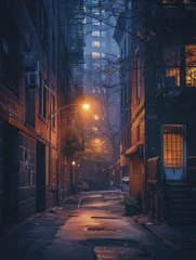 Poster The serene alley bathed in gentle early light, nestled within a sleek cityscape, exudes tranquility and simplicity at daybreak. © Kanisorn