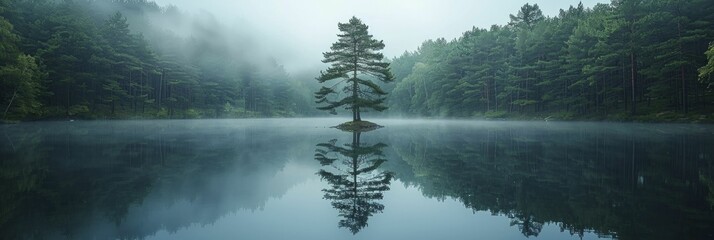 The serene dawn unveils a mirrored image of a tranquil woodland upon a motionless lake, forming a harmonious natural pattern.