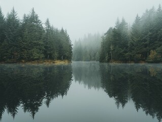 Fototapeta premium Reflections on a glassy lake creating a perfect symmetry with the minimalist forest line.