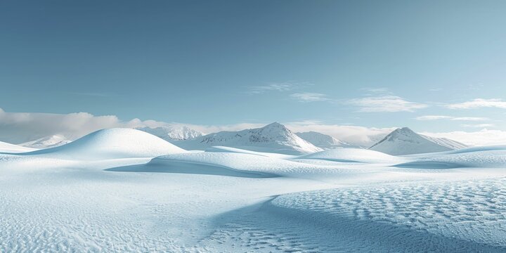 The serene landscape showcased a pristine snowfield etched with minimalist patterns, sculpted by the wind beneath a vast blue sky.
