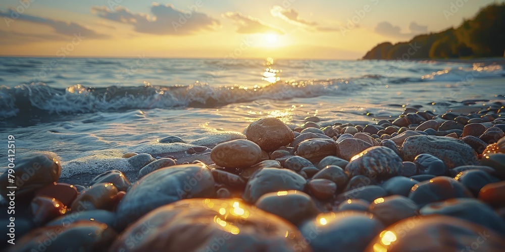 Wall mural Smooth granite rocks glisten under the warm sunset glow at the tranquil beach, against a pristine horizon and gentle lighting.