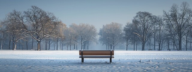 Snow covered bench in a quiet park, with trees forming a minimalist pattern against a clear sky.