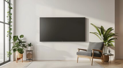 A large flat screen television is mounted on the wall in a living room. A chair is placed in front of the television, and a potted plant is situated nearby. The room has a modern and minimalist design - obrazy, fototapety, plakaty