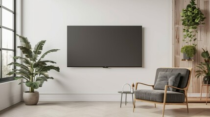 A living room with a large flat screen television mounted on the wall and a chair in front of it. The room is decorated with plants and has a modern, minimalist style