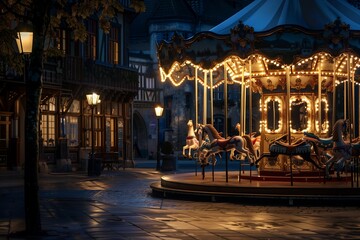 A carousel in a deserted town square at night, its presence a nostalgic reminder of joy
