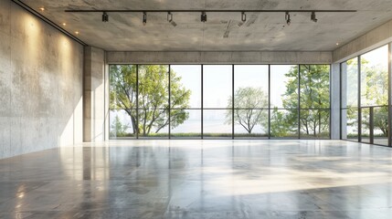 A large, empty room with a view of trees and water. The room is very clean and has a modern, minimalist design. The open windows let in natural light, creating a bright and airy atmosphere