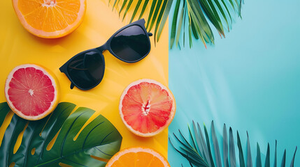 colorful summer background concept summer music party with orange and sunglasses and tropical leaves copy space. banner with space for text horizontal