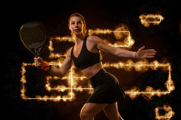 Padel tennis player with racket on tournament. Girl athlete with paddle racket on court with neon colors. Sport concept. Download a high quality photo for design of a sports app or tour events. - 790412913