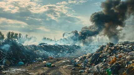 Pollution of the environment. Garbage in the city. Garbage dump. Environmental pollution. Fire at the landfill. The concept of ecological disaster, disaster, disaster.