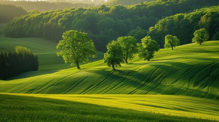 Tranquil and picturesque scenery of the german countryside with expansive and vibrant green meadows - obrazy, fototapety, plakaty