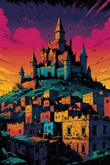 Imagine a movie poster portraying a poor city on front while in the back is a rich citadel, vivid colors