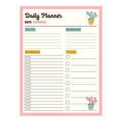 Daily planner page with date, reminder, notes, to-do list, and schedule. Daily notes page. Vector illustration.